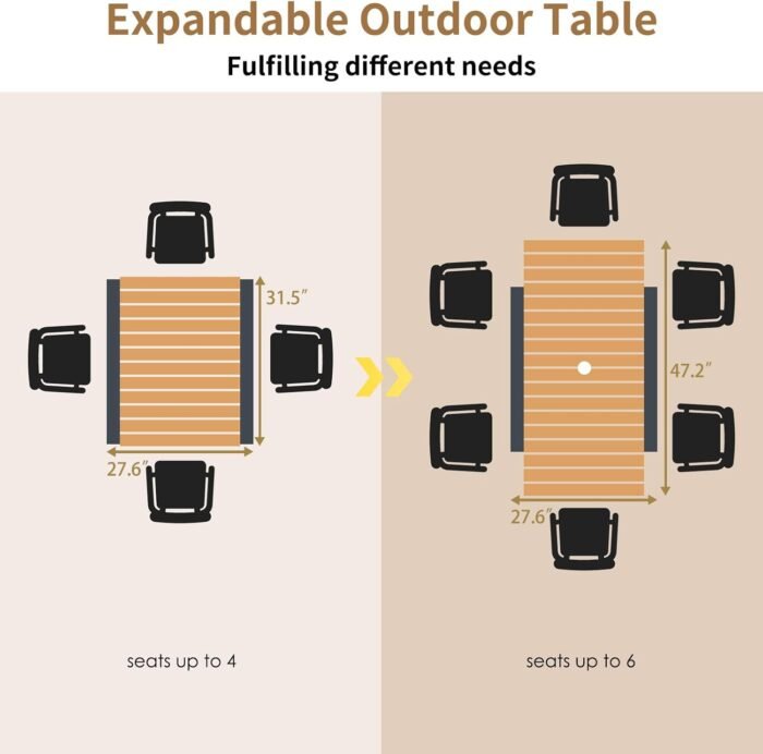 ECOTOUGE Expandable Outdoor Dining Tables,31"-47", Patio Rectangle Table with Umbrella Hole for 4-6 Person, Space-Saving Fir Wood Patio Furniture for Backyard, Garden, Natural - Image 3