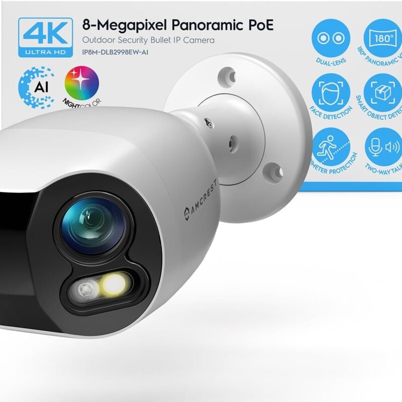 Amcrest Dual-Lens 4K (8MP) Outdoor Security POE Camera, 2 x 4MP Lenses PoE AI Bullet IP Camera, 65ft Night Color, Face Detection, Panoramic 180° FOV, 4K@15fps IP8M-DLB2998EW-AI (White)