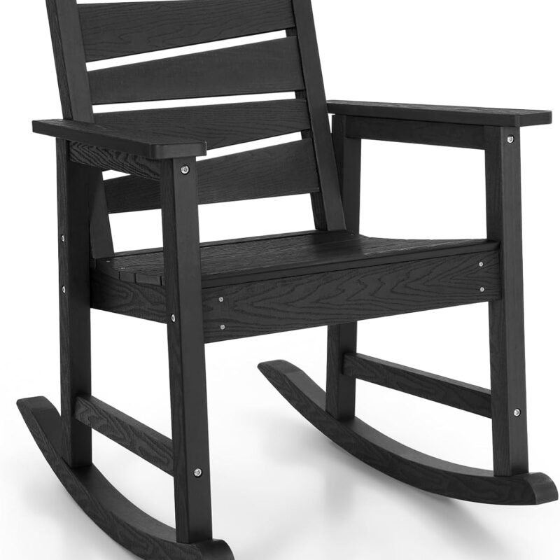 Weatherproof Patio Rocking Chair, HIPS Outdoor Rocking Chair for Adults, 400LBS Support Heavy Duty Porch Rocking Chairs for Garden, Lawn, Backyard, Outdoor and Indoor (Black)