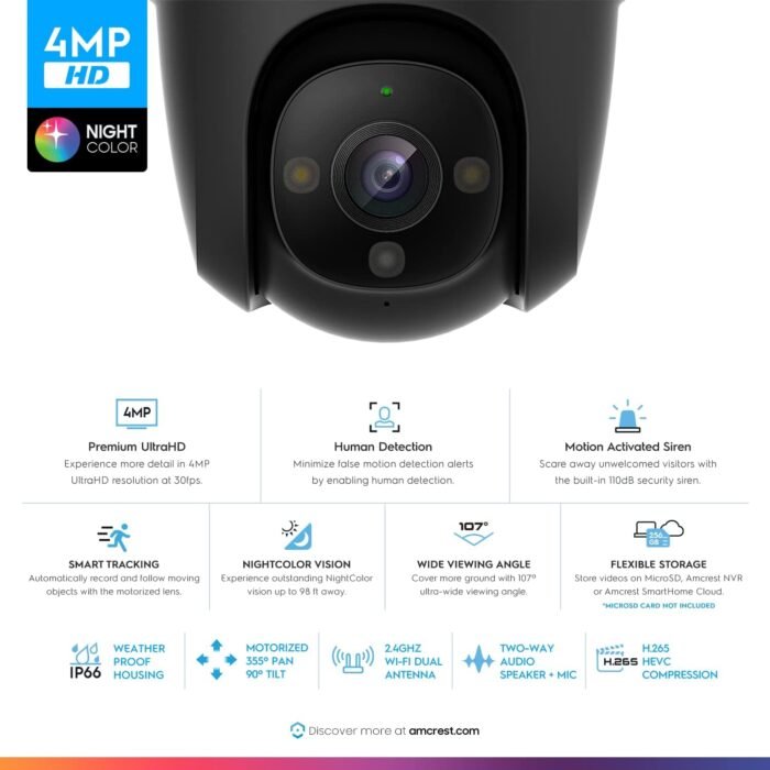 Amcrest 4MP Outdoor PT WiFi IP Camera Pan Zoom (Digital 16x) SmartHome WiFi Camera Security Speed Dome, Motorized Tilt, 98ft Nightcolor, (2.4Ghz), 107º FOV, IP66, 4MP, ASH47-W - Image 2