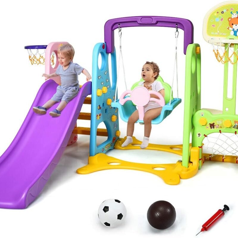 Costzon 6 in 1 Toddler Slide and Swing Set, Kids Large Climber Slide Playset with Basketball Hoop and Football Gate, Playground Swing Set for Indoor Outdoor Backyard 3-10 Gifts Presents