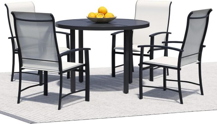5 Piece Outdoor Dining Set, Patio Dining Set for 4, 42" Black Round Table with 4 Oyster Beige All Weather Outdoor Dining Chairs for Lawn, Garden, Porch - Image 7