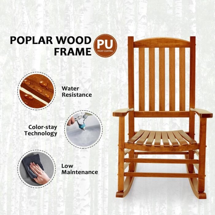 Wooden Oversized Porch Rocker Chair with High Back and Armrest, All Weather Slatted Rocker for Backyard, Garden, 400 lbs Support, Natural - Image 7