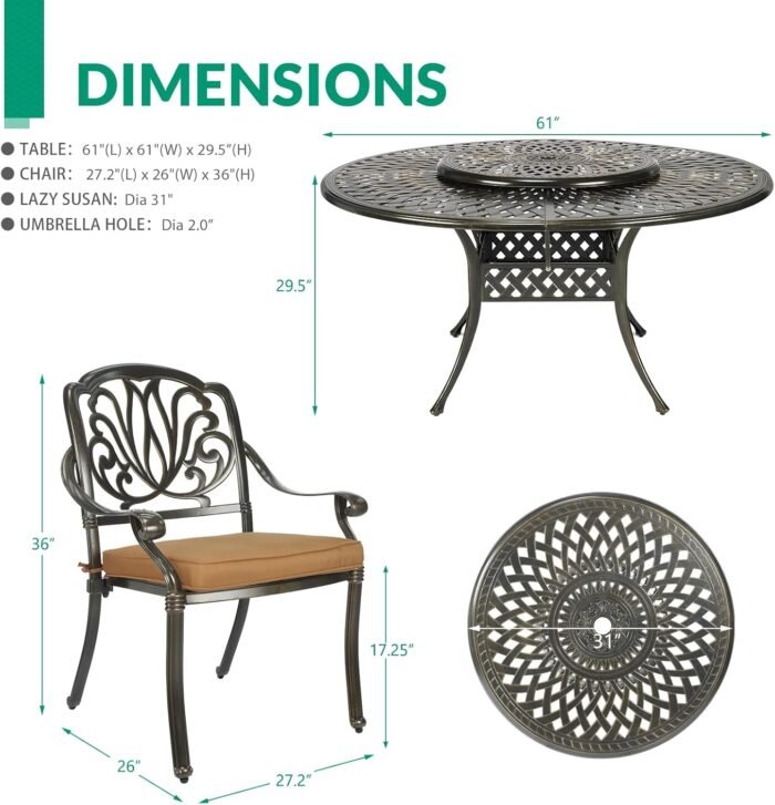 VIVIJASON 9-Piece Patio Furniture Dining Set, Rust-Free Cast Aluminum Outdoor Conversation Set, Include 8 Cushioned Chairs & 61" Round Dining Table with 31" Lazy Susan, Umbrella Hole, Khaki - Image 6