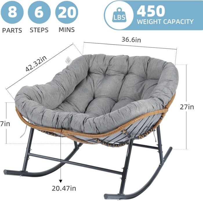 Oversized Patio Rocking Chair, Papasan Rocking Chair Indoor Outdoor Use, Lounge Chair with Cushion, Egg Rocker Chairs, Comfy Reading Chairs for Bedroom, Living Room, Garden, Lawn, Grey - Image 2