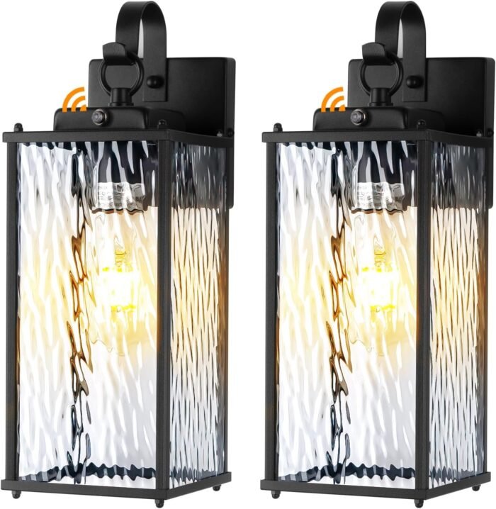 2-Pack Dusk to Dawn Outdoor Lighting with Water Ripple Glass, IP65 Waterproof Matte Black Front Porch Lights Photocell Sensor Exterior Light Fixtures Outdoor Wall Sconces Coach Lights - Image 7