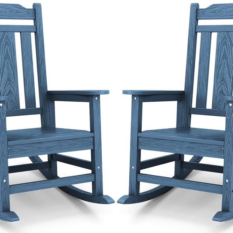 SERWALL Blue Outdoor Rocking Chair Set of 2, All Weather Patio Rocking Chair, HDPE Poly Rocking Chair for Adults, Heavy Duty Front Porch Rocker
