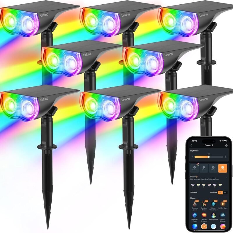 Linkind Smart Solar Spotlight SL5C, Color Changing Landscape Lighting, APP/Voice Control Solar Lights Outdoor, IP67 Waterproof Spot Lights Outdoor for Yard, Garden, Pathway(8 Pack)