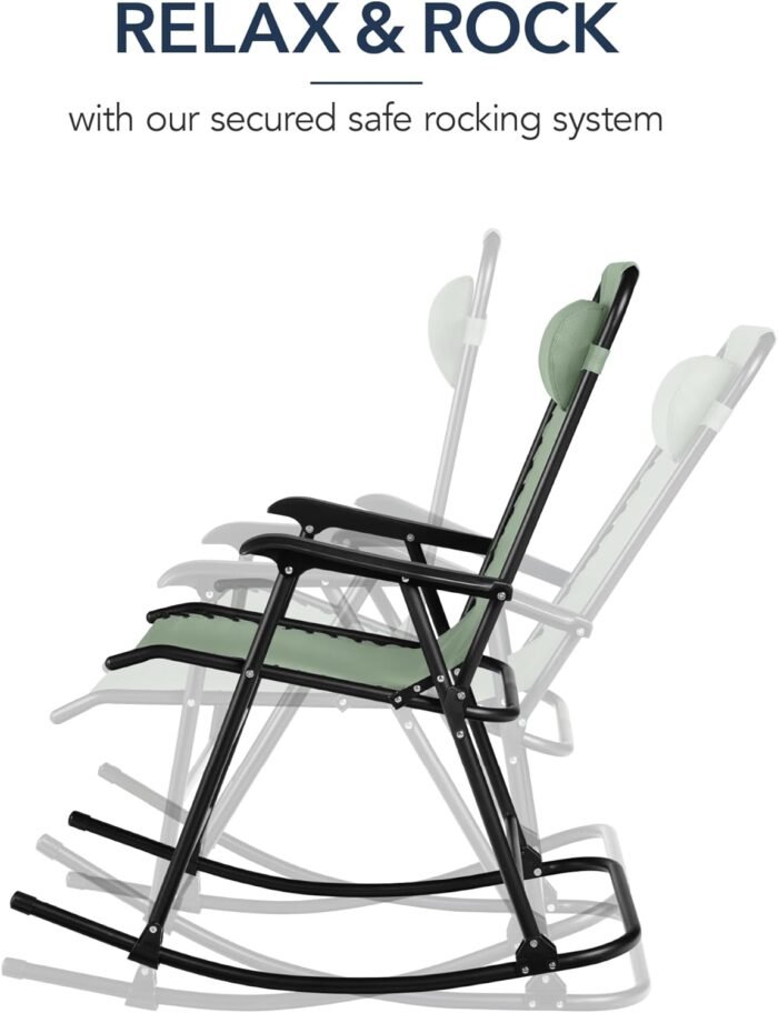 Best Choice Products Outdoor Folding Rocking Chair, Zero Gravity Lounge Chair, Patio Rocker w/Headrest Pillow - Sage Green - Image 4
