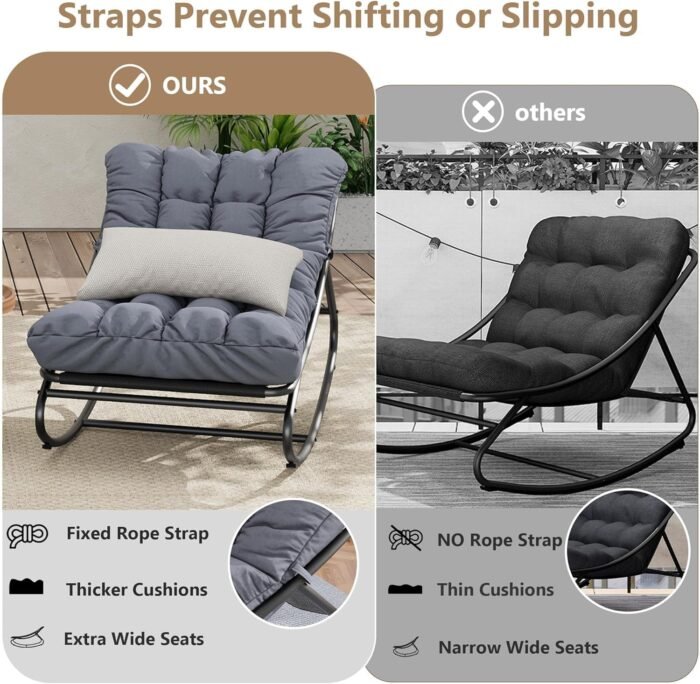 Rocking Chair with Thick Cushion, Outdoor Rocking Chair with Metal Frame, Adjustable Swing Range and Fixed Rope, Waterproof Cushion for Patio, Garden, Backyard and Poolside. - Image 7