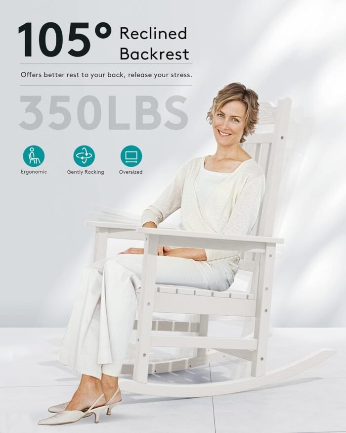 SERWALL White Outdoor Rocking Chair Set of 2, HDPE Outdoor Rocker - Image 4