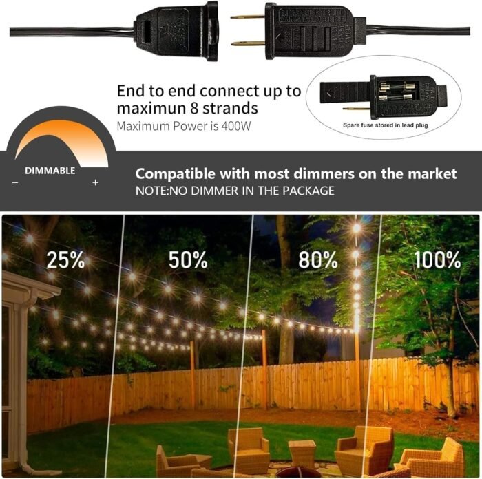 Outdoor String Lights 50ft, G40 Led Patio Globe Lights with 26pcs Plastic Bulbs, Shatterproof Waterproof Connectable Hanging for Porch Cafe Bistro Backyard Gazebo Balcony Deck Party - Image 6