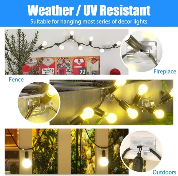 Hooks for Outdoor String Lights Clips: 25Pcs Heavy Duty Cable Clips with Waterproof Adhesive Strips for Hanging Christmas Light - Image 5