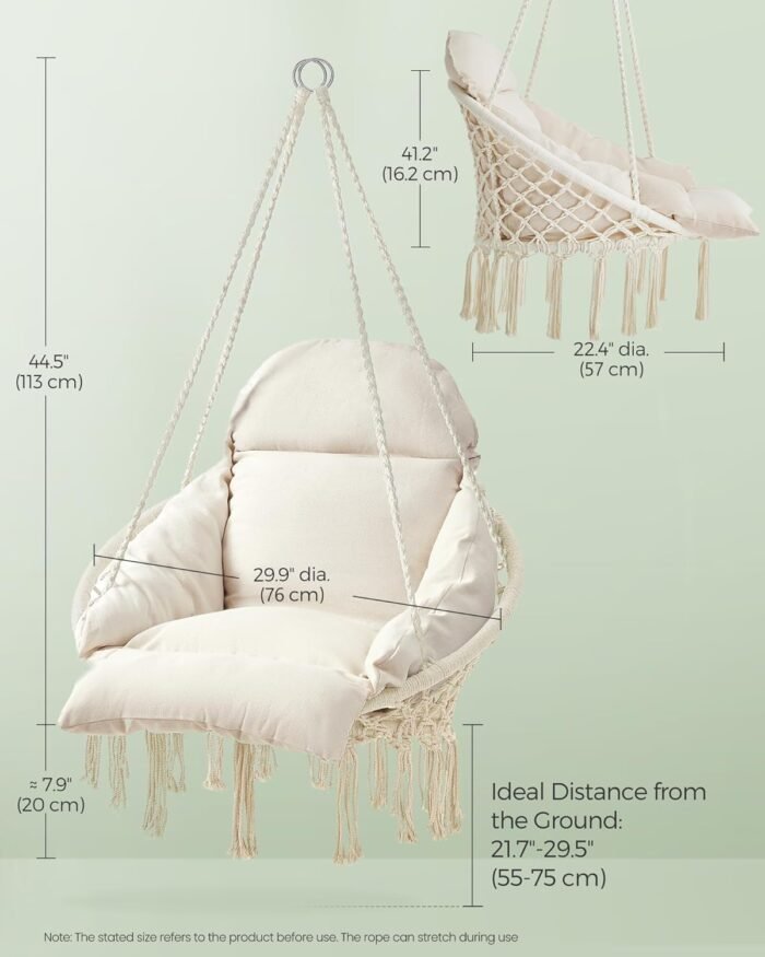 SONGMICS Hanging Chair, Hammock Chair with Large, Thick Cushion, Boho Swing Chair for Bedroom, Patio, Balcony, Garden, Holds up to 264 lb, Accessories Included, Cream White UGDC042M01 - Image 5
