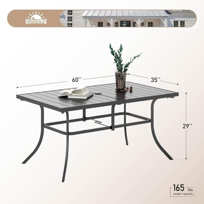 60" Patio Dining Table for 6, Rectangle Patio Table with Umbrella Hole,E-Coating and Powder Coating Steel Frame Metal Outdoor Patio Table for Garden Backyard Lawn Yard - Image 2