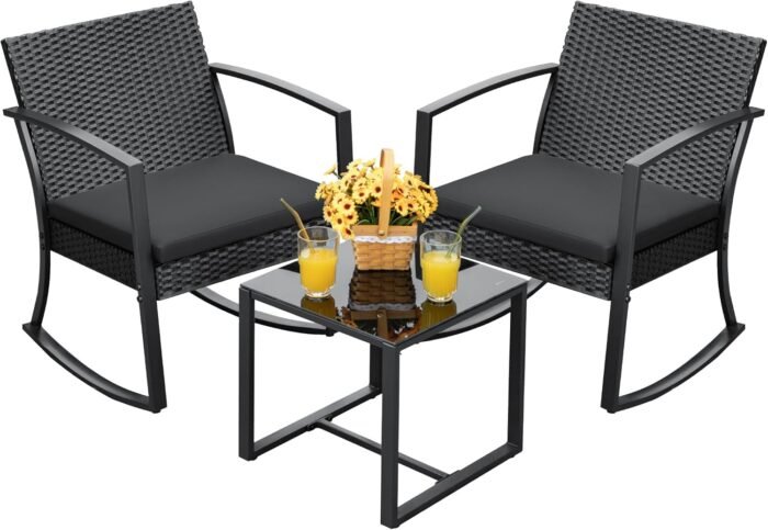 Devoko PP Patio Furniture Set 3 Piece All Weather Outdoor Rocking Chairs with Cushions and Coffee Table for Bistro Balcony Porch (Black)