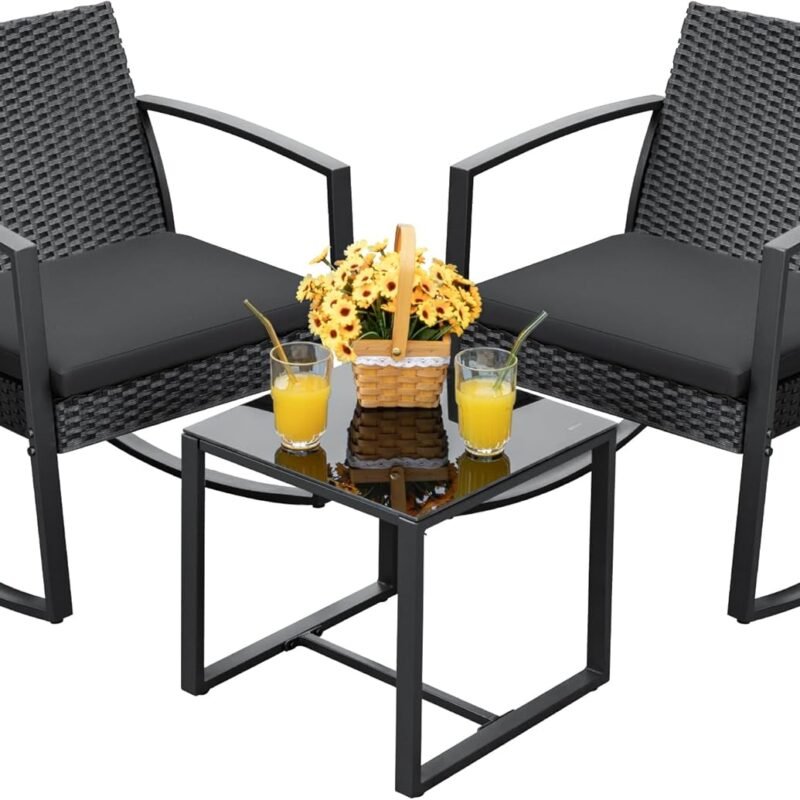 Devoko PP Patio Furniture Set 3 Piece All Weather Outdoor Rocking Chairs with Cushions and Coffee Table for Bistro Balcony Porch (Black)