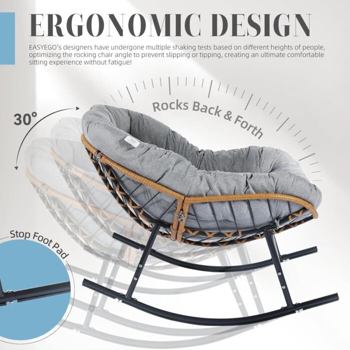 Oversized Patio Rocking Chair, Papasan Rocking Chair Indoor Outdoor Use, Lounge Chair with Cushion, Egg Rocker Chairs, Comfy Reading Chairs for Bedroom, Living Room, Garden, Lawn, Grey - Image 6