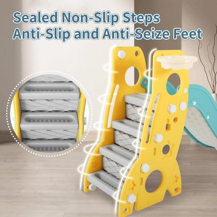 4 in 1 Toddler Swing and Slide Set for Age 1-12 Indoor Playground for Children Baby Swing Set with Slide, Climber, Basketball Hoop and Long Slide for Boys and Girls - Image 6