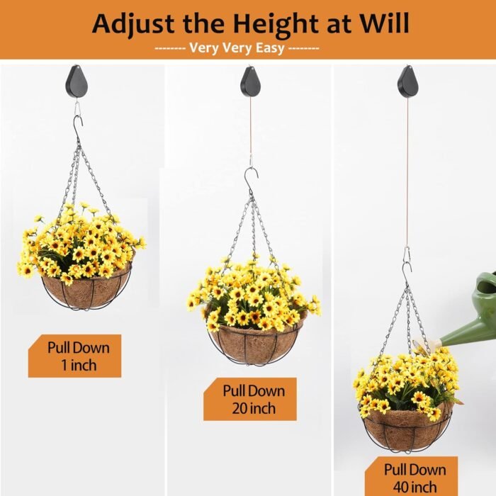 Upgraded Retractable Plant Hanger,Plant Pulleys for Hanging Plants,Easy to Raise and Lower,Auto Lock,Heavy Duty, Adjustable Hook for Garden Baskets Pots,Birds Feeder,(3Pcs,Black) - Image 7
