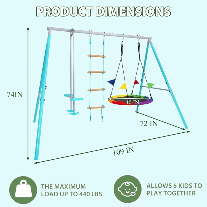Swing Sets for Backyard, 3 in 1 Swing Sets, Heavy-Duty Metal Swing Stand with Saucer Swing, Climbing Ladder and Glider, Boy Girl Gift 3 to 8 Years - Image 6