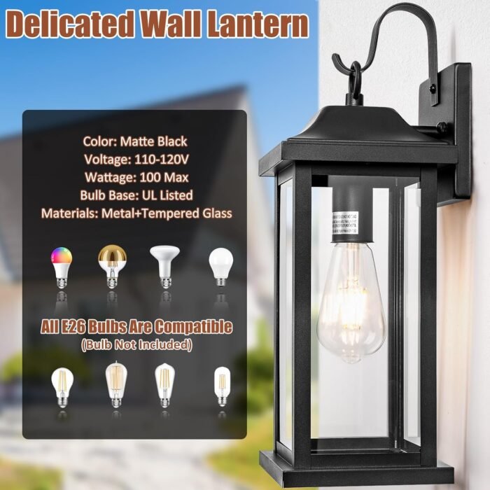 2-Pack 17 Inch Large Outdoor Light Fixtures, Exterior Matte Black Wall Sconces IP65 Waterproof Anti-Rust, Porch Lights with Clear Glass Outside Modern Wall Lanterns E26 Bulb Base - Image 3
