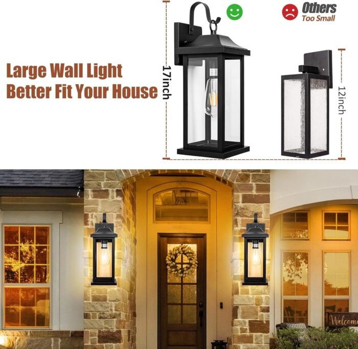 2-Pack 17 Inch Large Outdoor Light Fixtures, Exterior Matte Black Wall Sconces IP65 Waterproof Anti-Rust, Porch Lights with Clear Glass Outside Modern Wall Lanterns E26 Bulb Base - Image 2
