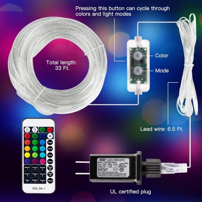 Minetom Color Changing Rope Lights Outdoor, String Lights with Plug & Remote, Twinkle String Lights Indoor Bedroom, Waterproof LED Rope Lights for Outside,16 Colors - Image 7