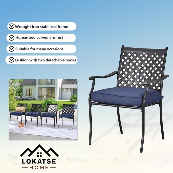 LOKATSE HOME 4 Piece Outdoor Dining Set - Wrought Iron Patio Metal Chairs with Armrest and Cushions for Garden Poolside Backyard, Blue - Image 5