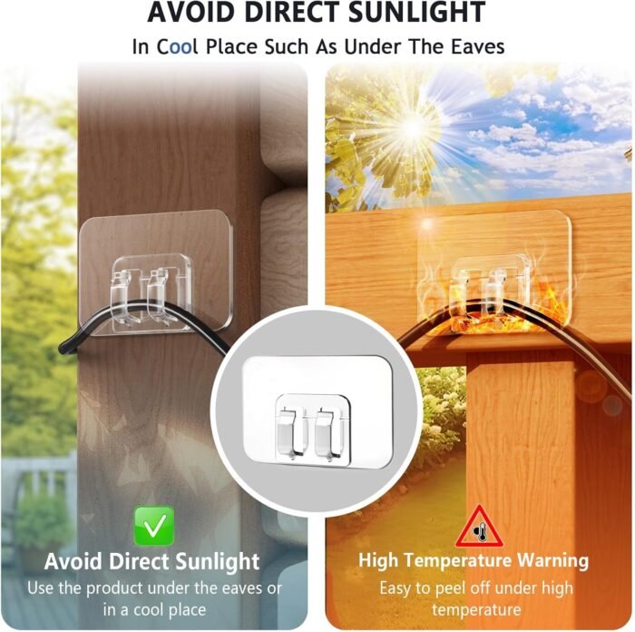 Hooks for Outdoor String Lights - 100 Pack with Adhesive Strips - No Damage, No Tools, No Holes, Waterproof and UV-Resistant, Perfect for Christmas and Patio Decor - Image 4