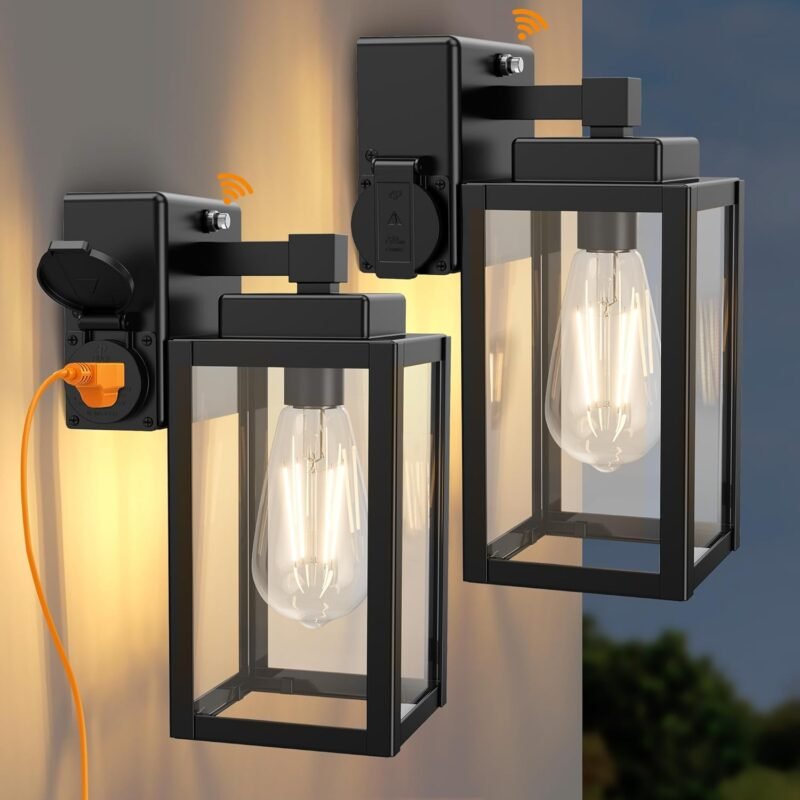 WIHTU Outdoor Wall Light Fixtures, Dusk to Dawn Outdoor Wall Sconce with Outlet, 2-Pack, Porch Sconces Mounted Lighting, Porch Lights with E26, Waterproof Wall Lamps for Patio Front Door
