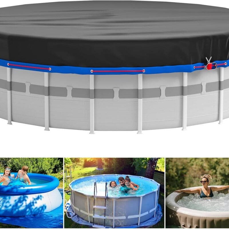 MIXC 10 Ft Round Pool Cover, Solar Covers for Above Ground Pools, Summer Pool Cover Protector with Pool Cover Accessories, Round Hot Tub Cover Ideal for Waterproof and Dustproof (Black)