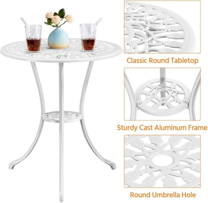Yaheetech 3-Piece Outdoor Bistro Set w/Floral Design, Rust-Resistant Cast Aluminum Table and Chairs w/Umbrella Hole for Balcony, Backyard, Garden, White - Image 7
