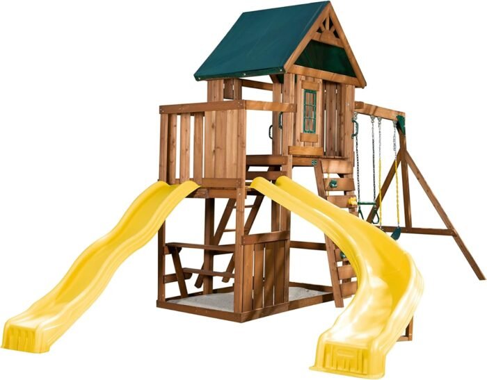 Swing-N-Slide WS 8355 Castlebrook Swing Set with Two Slides, Swings & Climbing Wall, Wood - Image 8