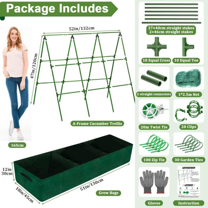 Cucumber Trellis for Garden, 47 x 52 Inches A Frame Gardening Trellis with Fabric Raised Garden Bed, Climbing Net and Plant Support Clips for Climbing Plants ﻿ - Image 2
