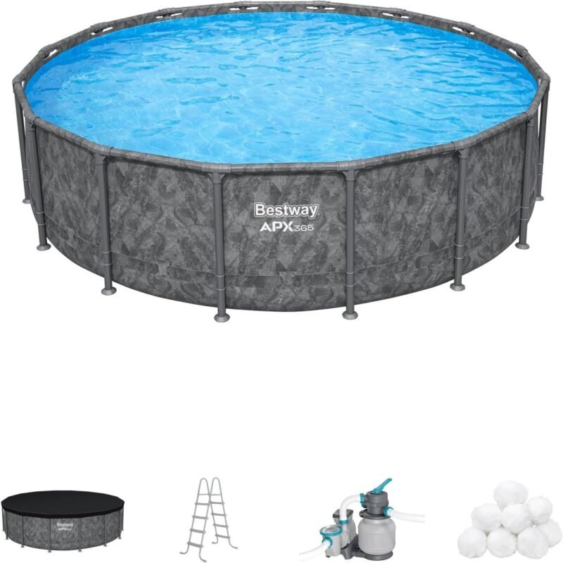 Bestway APX 365 16' x 48" Round Above Ground Pool Set with Sand Filter Pump, Ladder, and Cover, Dark Marble