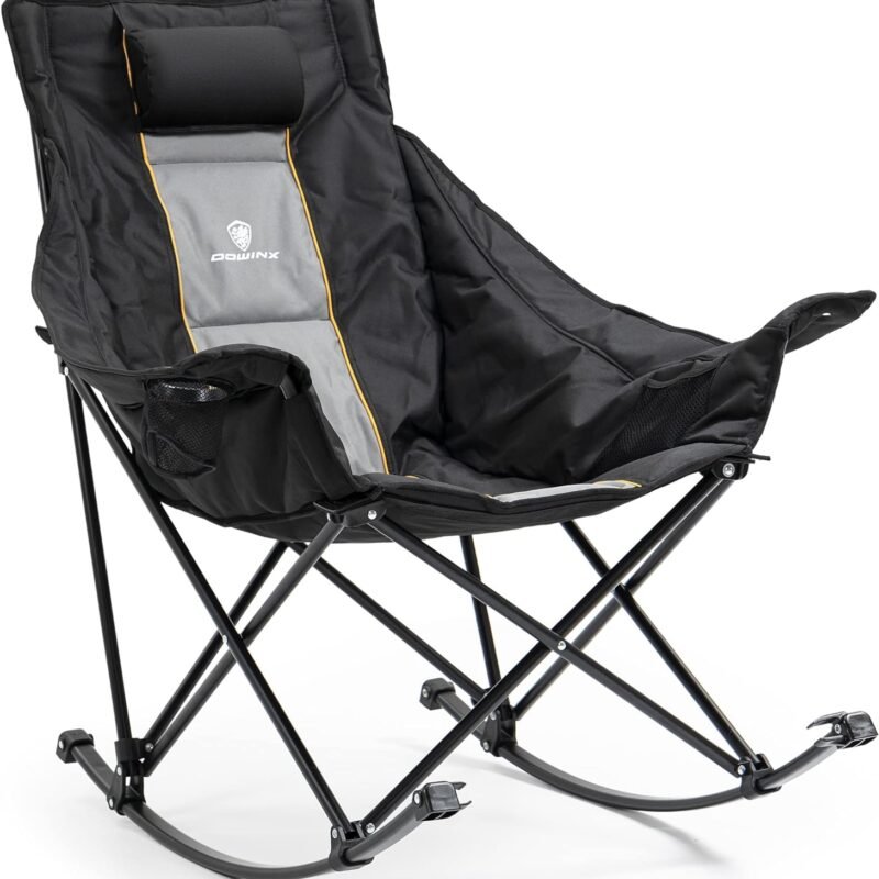 Dowinx Oversized Rocking Camping Chair, Fully Padded Patio Chair with Side Pocket and Carry Bag, High Back Portable Lawn Recliner with Headrest, Support 300 lbs, Black