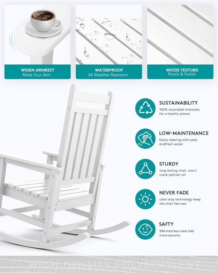 SERWALL Outdoor Rocking Chair, HDPE Rocking Chair for Adults, All Weather Porch Rockers for Lawn Garden, White - Image 4