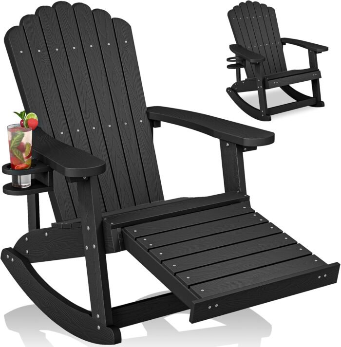 ZHUSI Adirondack Rocking Chair Outdoor with Retractable Ottoman and Cup Holder, HDPE Oversized Patio Rocking Chairs with Footrest, Wood-Like Porch Rocker for Backyard, Garden (Black, 1 PC)