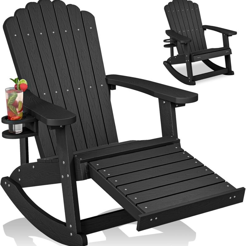 ZHUSI Adirondack Rocking Chair Outdoor with Retractable Ottoman and Cup Holder, HDPE Oversized Patio Rocking Chairs with Footrest, Wood-Like Porch Rocker for Backyard, Garden (Black, 1 PC)