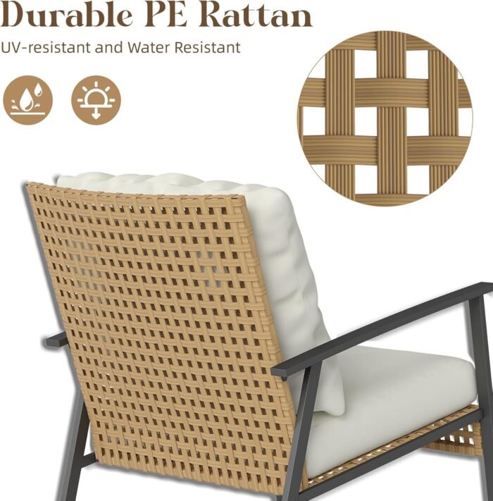 3 Piece Outdoor Rocking Chairs, Outdoor Patio Furniture Set with Thick Cushion and Coffee Table, Rattan Rocking Bistro Set for Grand Porch Balcony Garden - Image 4