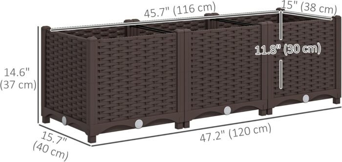 Outsunny 4 x 1 x 1 ft Raised Garden Bed, Indoor Outdoor Plastic Planter Box with Drainage Holes, Drain Plugs and Water Reservoirs for Vegetables, Herbs, Flowers & Succulents, Brown - Image 7