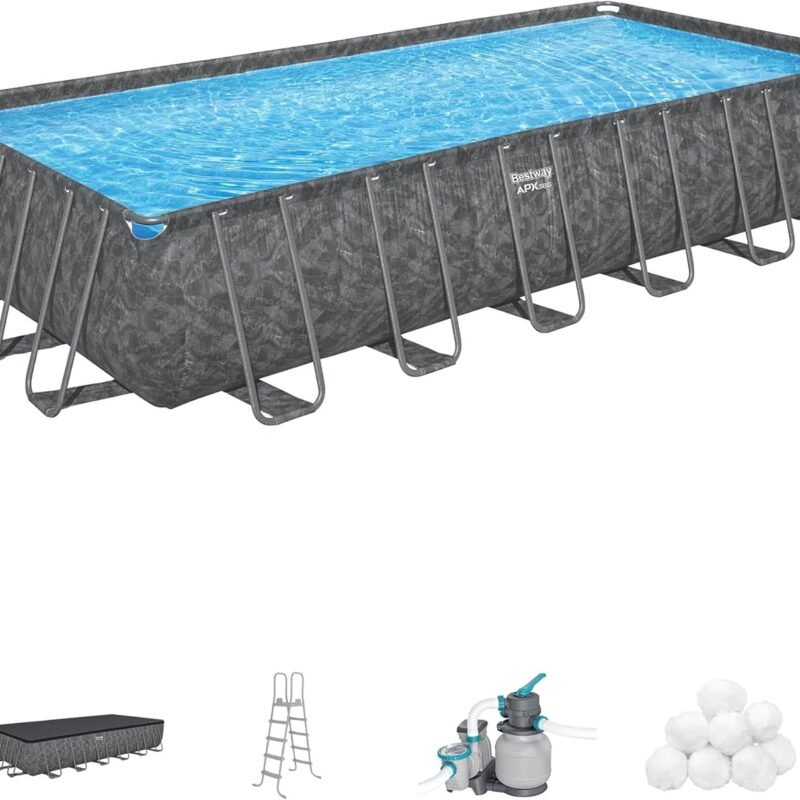 Bestway APX 365 Above Ground 24' x 12' x 52" Rectangular Year-Round Swimming Pool Set, with Sand Filter Pump, Ladder, Cover, and Repair Patch