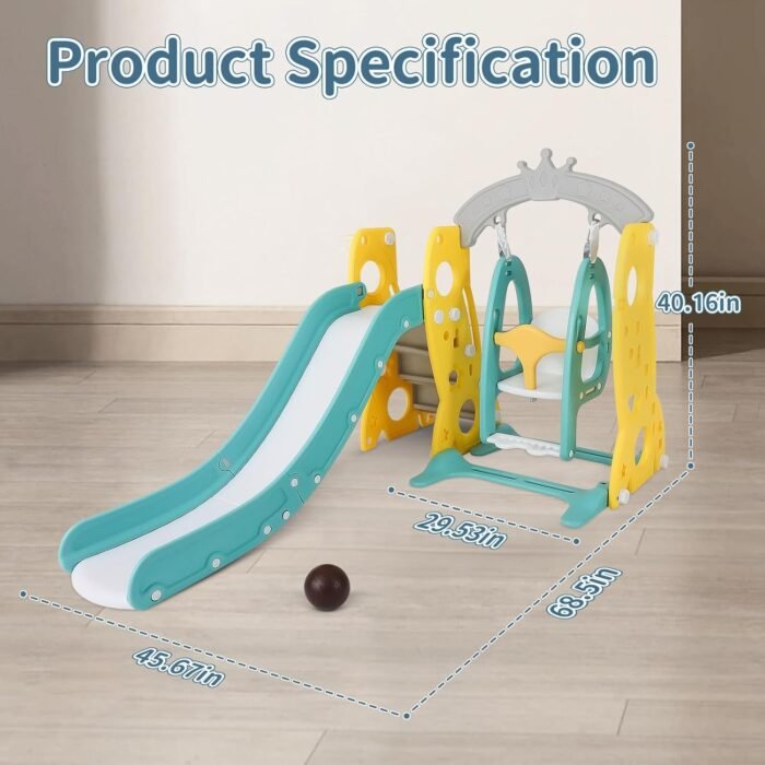 4 in 1 Toddler Swing and Slide Set for Age 1-12 Indoor Playground for Children Baby Swing Set with Slide, Climber, Basketball Hoop and Long Slide for Boys and Girls - Image 7