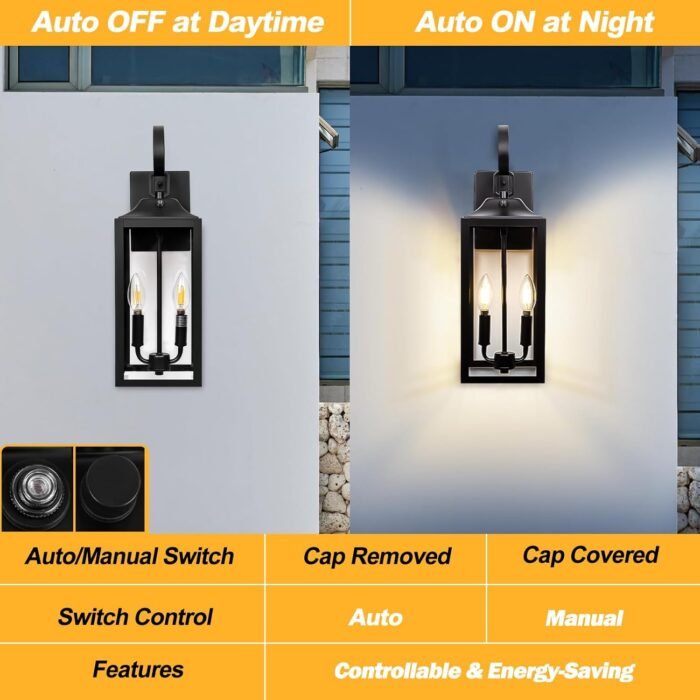 Black Dusk to Dawn Outdoor Wall Lantern 2-Light, 19" Large Outside Modern Wall Sconce Light Fixture, Industrial Porch Light Wall Mount with Glass, Waterproof Farmhouse Exterior Lamp Lighting, 2 Pack - Image 6