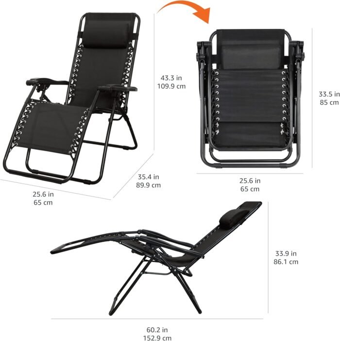 Amazon Basics Outdoor Patio Zero Gravity Lounge Chair with Pillow, Folding Reclining and Textilene Adjustable, Folding Lounge Lawn Chairs for Outside, 26", Black - Image 3