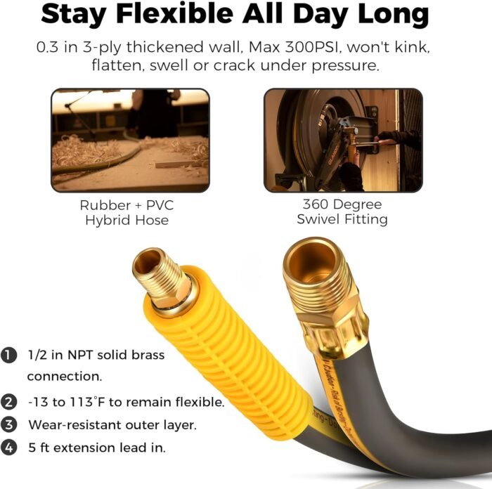 Double Arm Air Hose Reel 50 ft Retractable, 1/2 in Hybrid Hose Heavy Duty Steel Professional Air Compressor Hose Reel with 5 ft Lead in Max 300PSI Auto Rewind Quick Coupler Swivel Fitting - Image 3