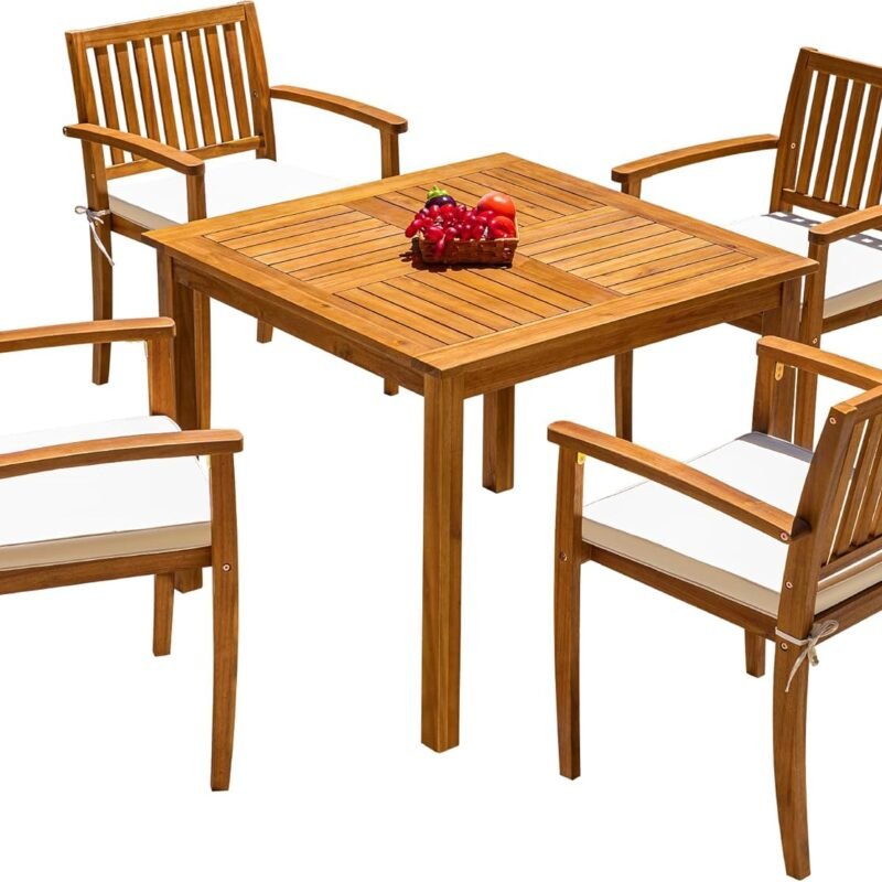 Flamaker 5 Piece Outdoor Dining Set Acacia Wood Patio Table and Chairs with Soft Cushions Patio Furniture for Deck, Backyard, Garden