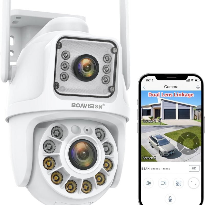 BOAVISION Dual Lens Linkage Security Camera Outdoor,Wireless PTZ Dual Screen Camera,360° View,Auto Tracking,Human Detection,Color Night Vision,24/7 Record,Two-Way Audio