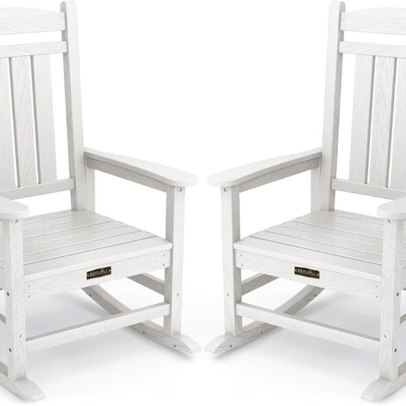 SERWALL Outdoor Rocking Chair Set of 2, HDPE Patio Rocking Chair All-Weather Porch Rocker for Balcony, Yard, White